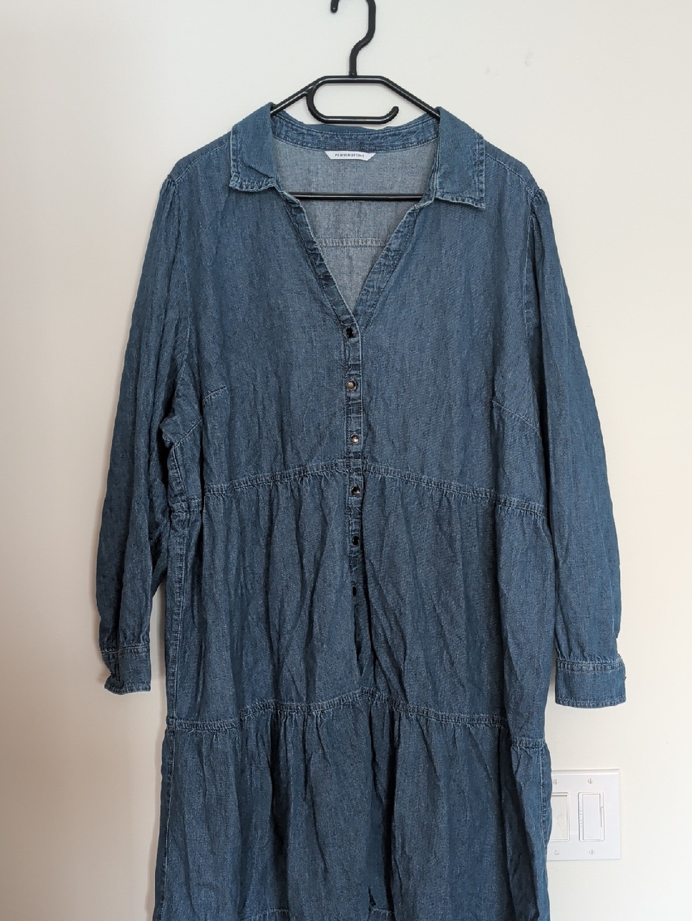 PENN Denim Button-Front Tiered Shirt Dress - Blue